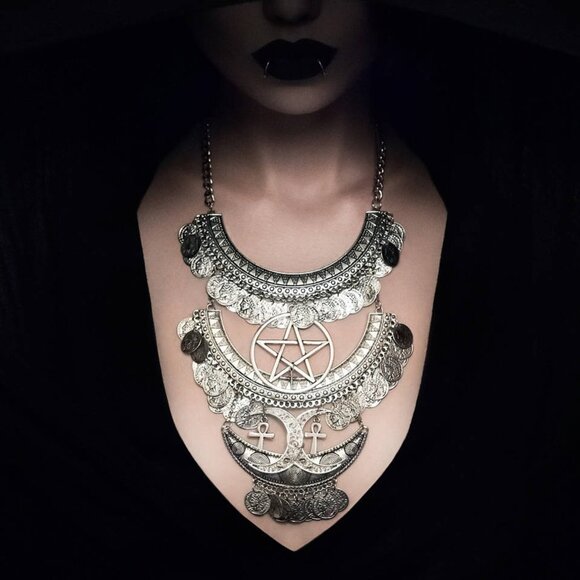 Unique witchy metal necklace with pentagram, half moons and ankhs - Picture 1 of 6